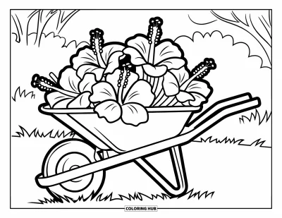 Desenho de hibisco para colorir para crianças: Carrinho de mão com flores de hibisco e ferramentas de jardim