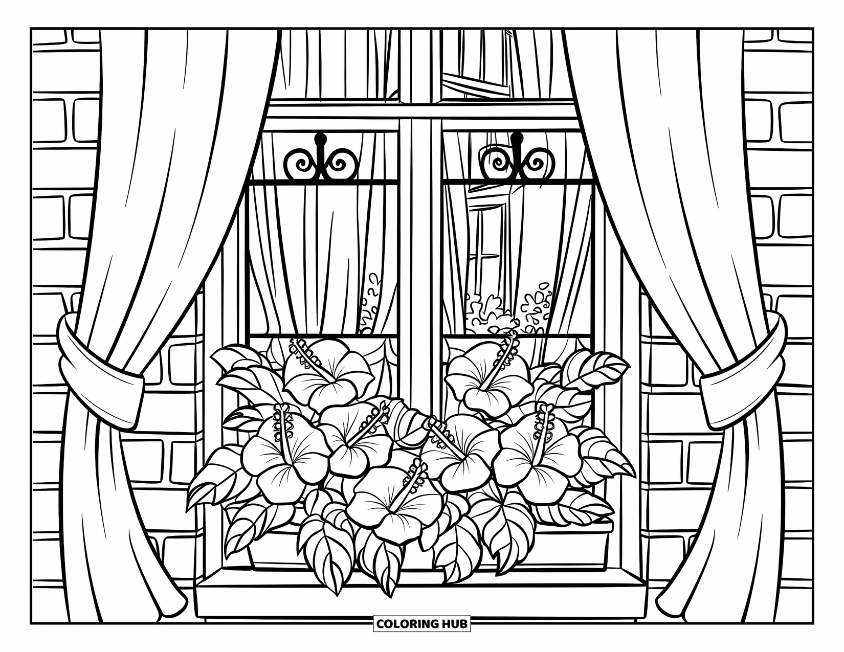 Hibiscus Coloring Page for Kids: Window view with hibiscus plants in pots outside