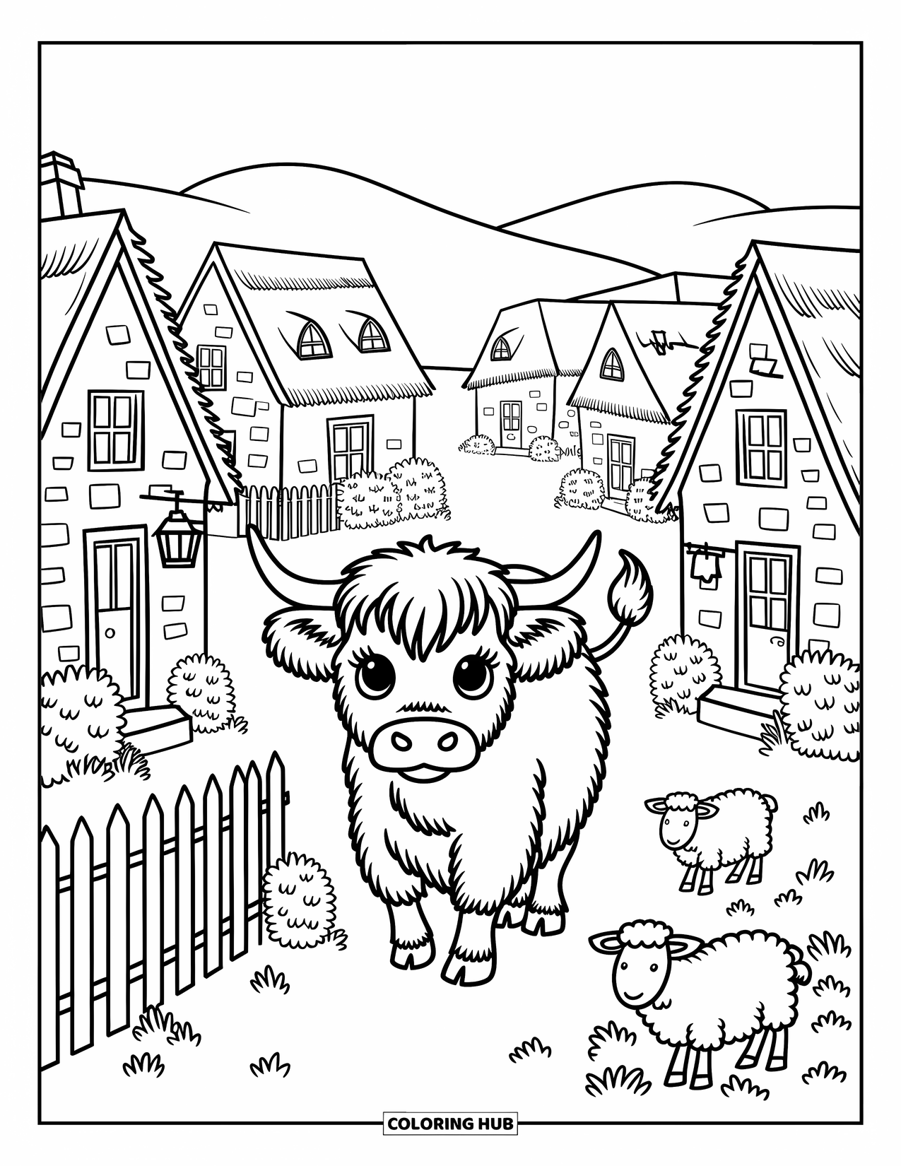 Highland Cow Coloring Page for Adults: A big-eyed cow strolls through a cozy village with grazing sheep and a lantern post