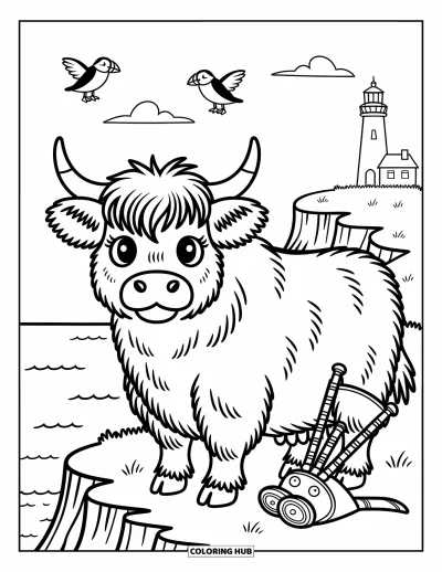 Desenho de vaca das Terras Altas para colorir para adultos: Uma cena em penhasco com brisa mostra uma vaca, papagaios-do-mar e uma gaita de foles pousada
