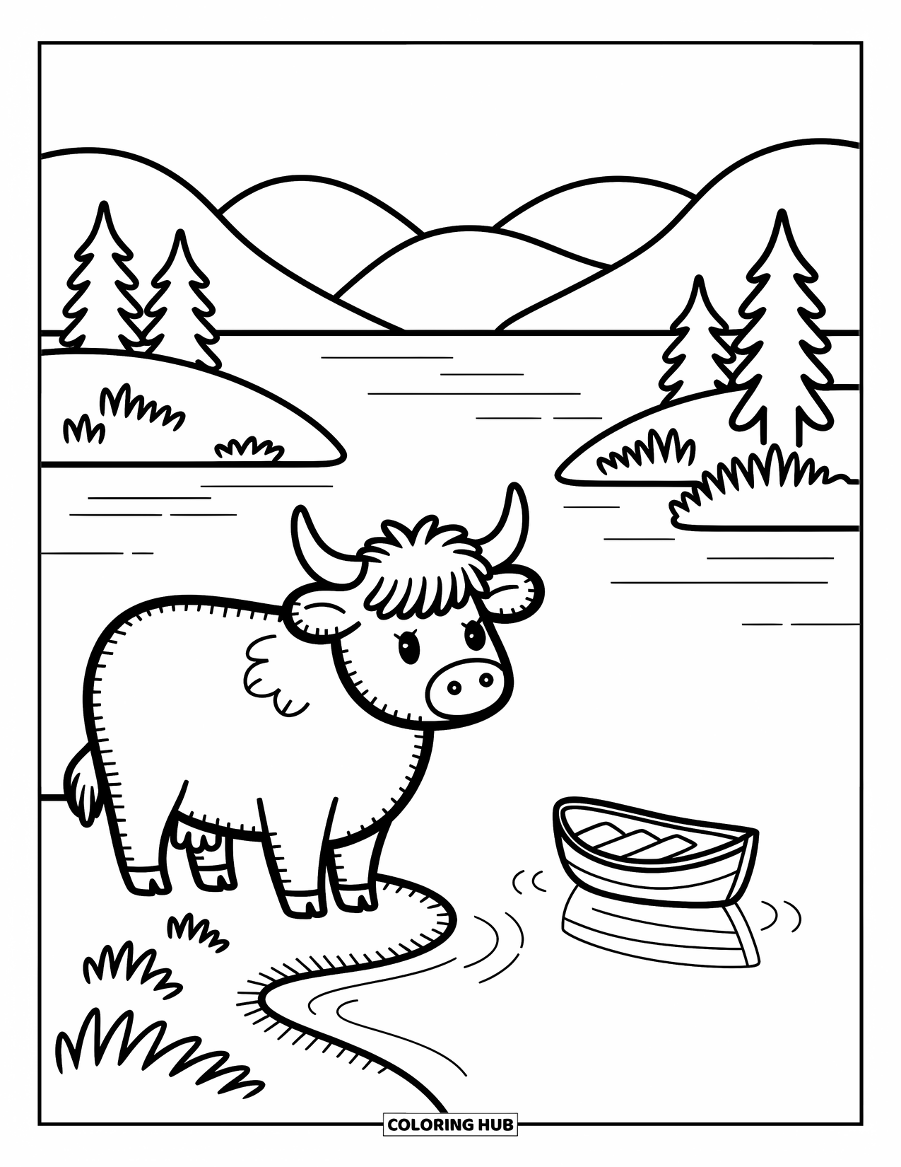 Highland Cow Coloring Page for Adults: A calm cow gazes at a rowboat on a still loch with soft mountains behind