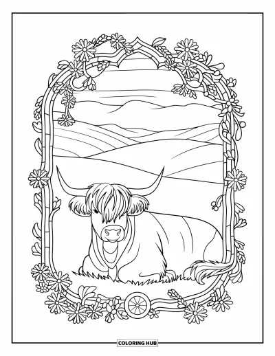 Desenho de vaca das Terras Altas para colorir para adultos: Uma vaca serena cochila em uma moldura floral estilo vitral acima de colinas e céu