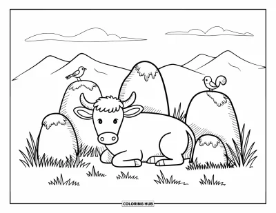 Desenho de vaca das Terras Altas para colorir para adultos: Uma vaca calma descansa ao lado de pedras cobertas de musgo com um esquilo e um melro por perto