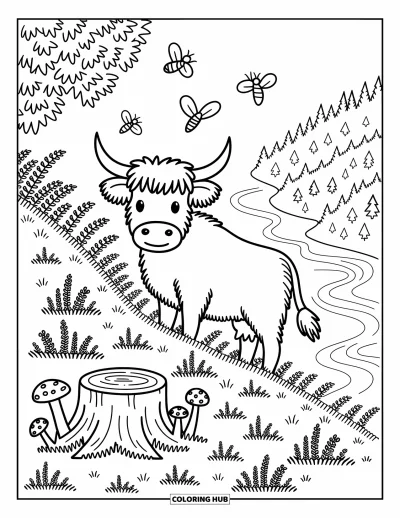 Desenho de vaca das Terras Altas para colorir para adultos: Uma vaca animada fica na urze enquanto abelhas e borboletas pairam sobre cogumelos e árvores