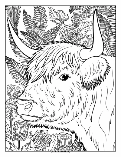 Desenho de vaca das Terras Altas para colorir para adultos: O primeiro plano de uma vaca é rodeado por samambaias, rosas silvestres e cardos
