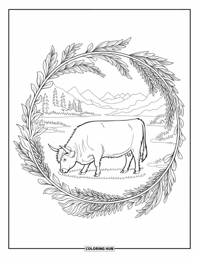 Desenho de vaca das Terras Altas para colorir para adultos: Uma vaca pasta tranquilamente dentro de um círculo de vinhas e folhas floridas