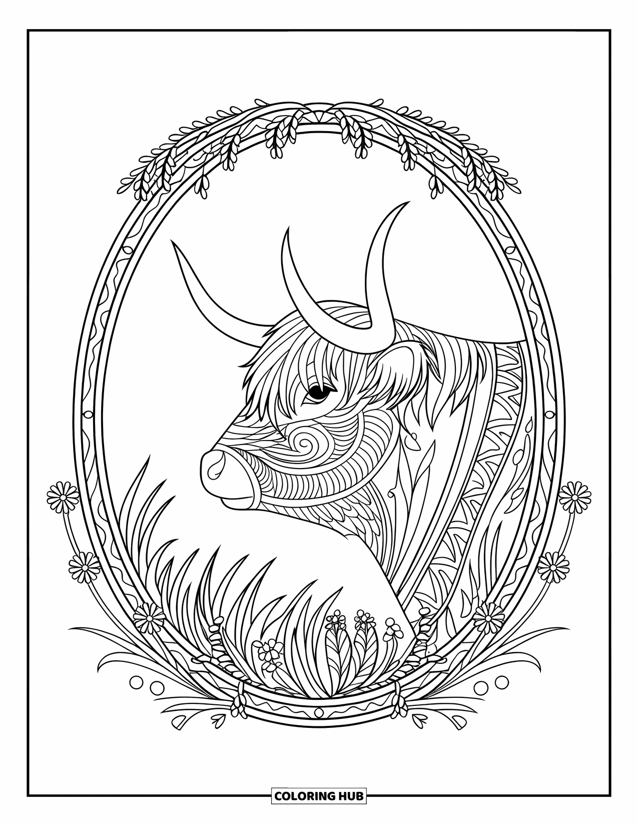 Highland Cow Coloring Page for Adults: A cow in an oval frame is surrounded by flower bunches and graceful grasses