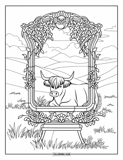 Desenho de vaca das Terras Altas para colorir para adultos: Uma vaca repousa com elegância em uma moldura estilo vitral sobre um pedestal perto de colinas abertas