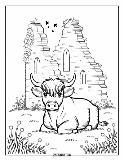 Desenho de vaca das Terras Altas para colorir para adultos: Uma vaca senta ao lado de ruínas de castelo enquanto pássaros pousam e cardos balançam na brisa