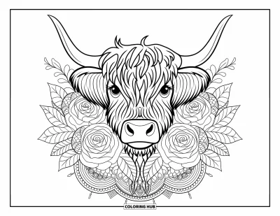Desenho de vaca das Terras Altas para colorir para adultos: Uma vaca cacheada parece tranquila entre rosas, folhas de eucalipto e mandalas intrincadas