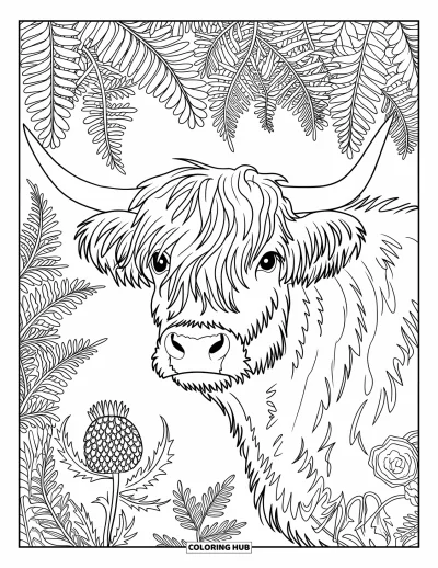 Desenho de vaca das Terras Altas para colorir para adultos: A cabeça cacheada de uma vaca espia entre rosas silvestres, cardos e samambaias
