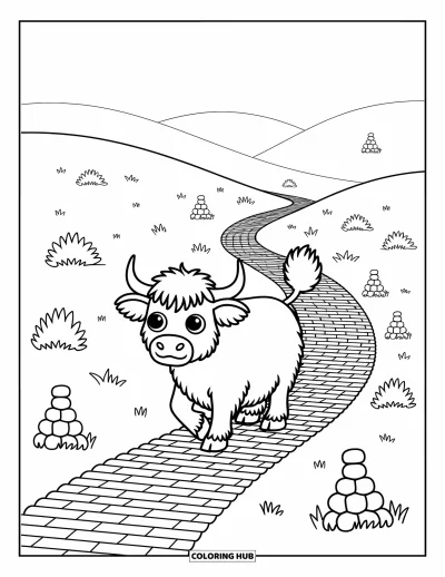 Desenho de vaca das Terras Altas para colorir para adultos: Uma vaca fofa caminha por um caminho de pedras ladeado de cairns e flores silvestres