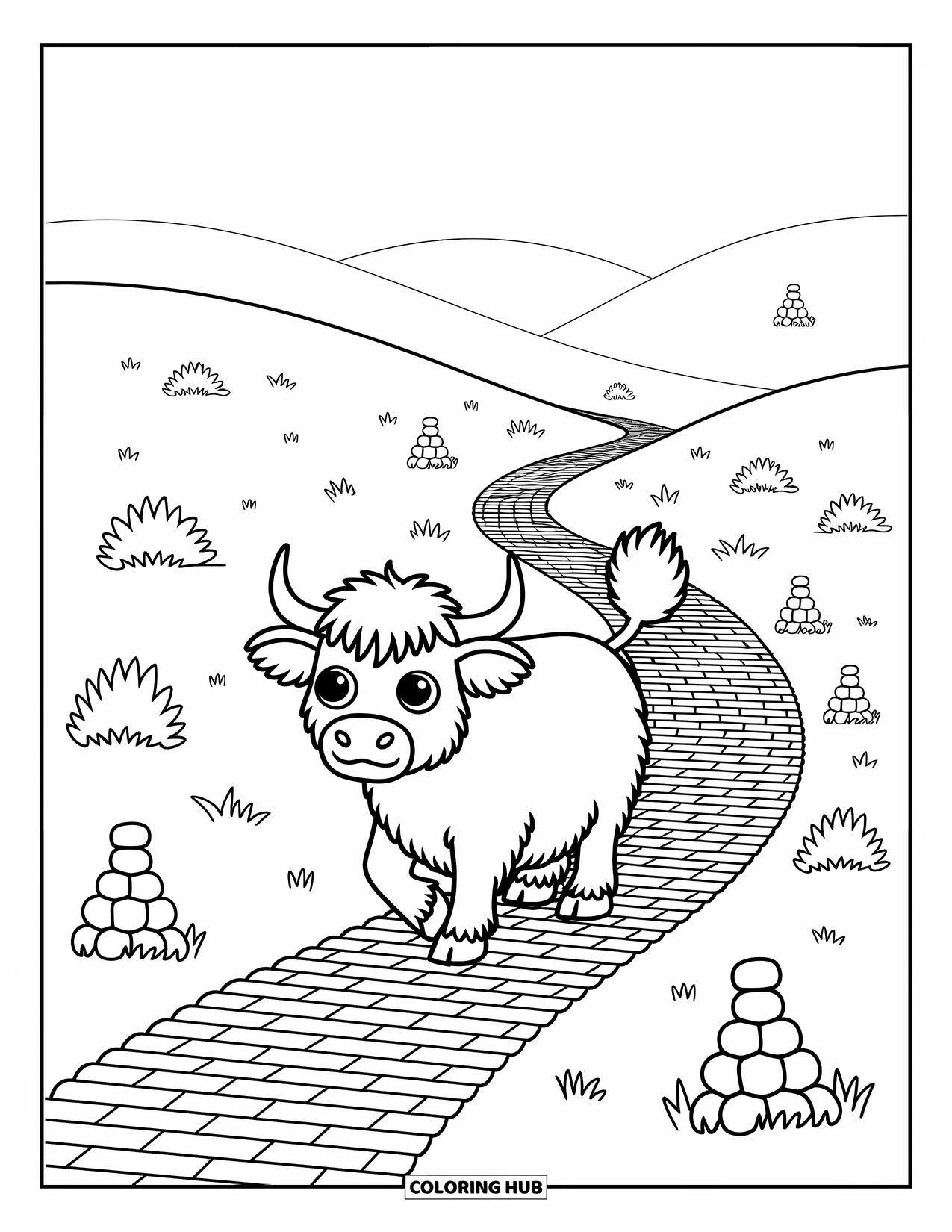 Highland Cow Coloring Page for Adults: A cute cow walks a cobbled path lined with cairns and wildflowers