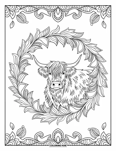 Desenho de vaca das Terras Altas para colorir para adultos: Uma vaca imponente é rodeada por uma mandala floral repleta de detalhes foliados