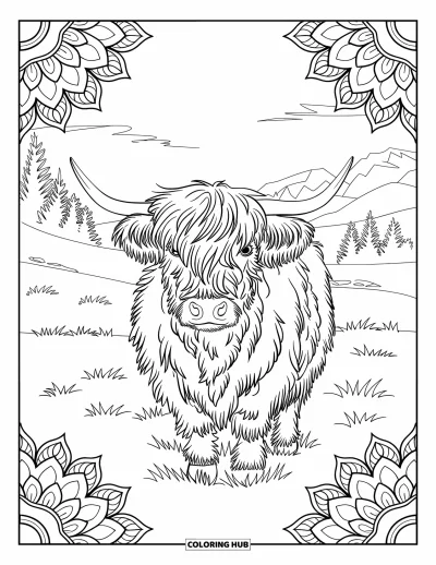 Desenho de vaca das Terras Altas para colorir para adultos: Uma vaca peluda fica entre pétalas de mandala e folhas delicadas em um campo tranquilo