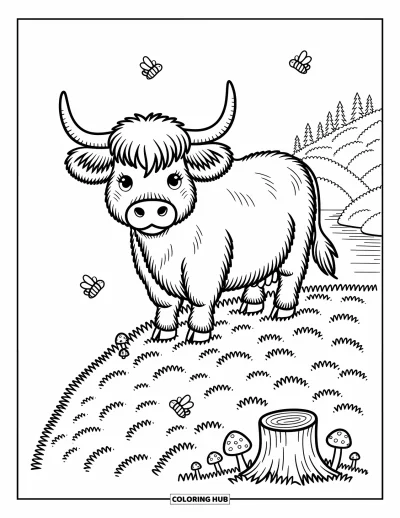 Desenho de vaca das Terras Altas para colorir para adultos: Uma vaca peluda fica na urze enquanto abelhas e borboletas esvoaçam por perto
