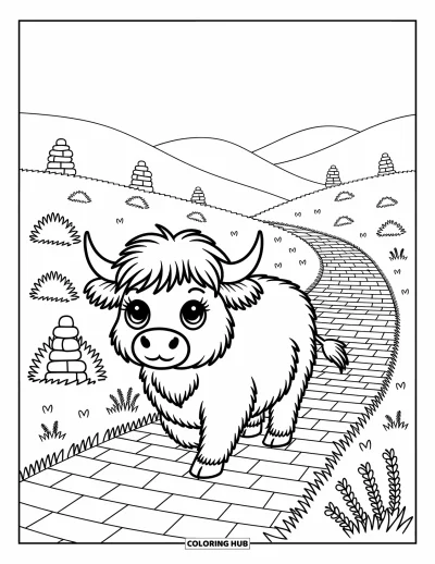 Desenho de vaca das Terras Altas para colorir para adultos: Uma vaca peluda caminha por um caminho de pedras entre colinas nebulosas e urze selvagem