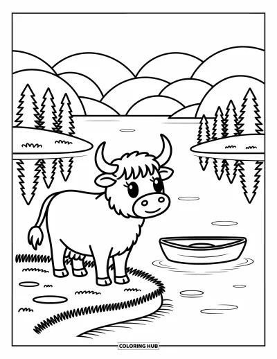 Desenho de vaca das Terras Altas para colorir para adultos: Uma vaca simpática fica à beira de um lago observando um barquinho a remo flutuar por perto