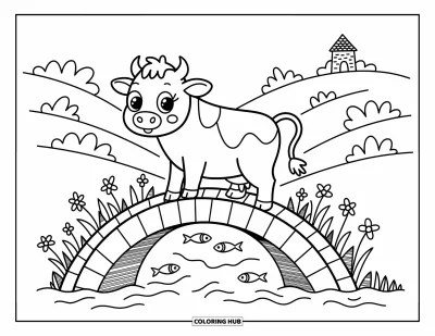 Desenho de vaca das Terras Altas para colorir para adultos: Uma vaca feliz atravessa uma ponte enquanto peixes saltam e flores emergem das pedras