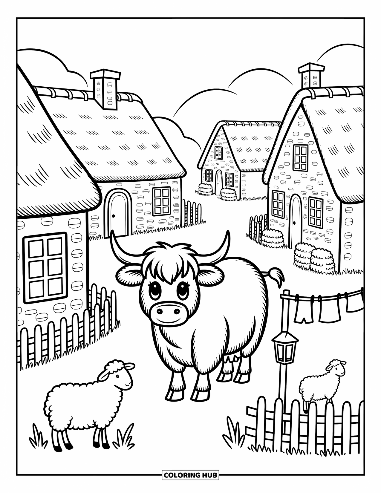 Highland Cow Coloring Page for Adults: A happy cow walks through a village of cottages, sheep, and fluttering laundry