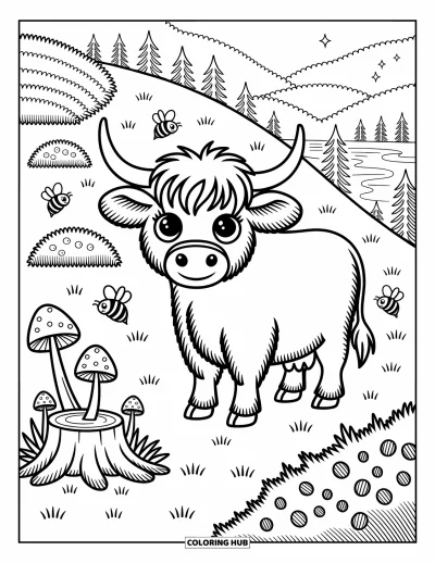 Desenho de vaca das Terras Altas para colorir para adultos: Uma vaca alegre fica em uma encosta com borboletas, cogumelos e um rio ao longe