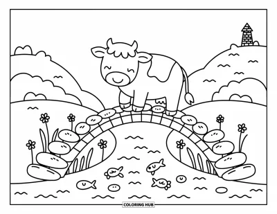 Desenho de vaca das Terras Altas para colorir para adultos: Uma vaca kawaii atravessa uma ponte enquanto peixes saltam e flores silvestres desabrocham ao redor