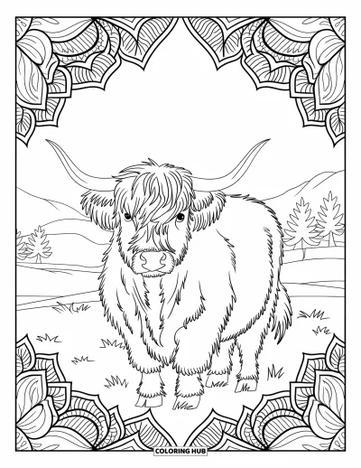 Desenho de vaca das Terras Altas para colorir para adultos: Uma vaca de pelos longos é emoldurada por formas de mandala suaves e galhos foliados
