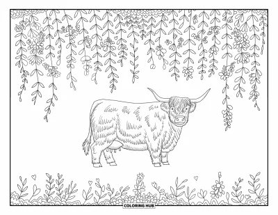 Desenho de vaca das Terras Altas para colorir para adultos: Uma vaca de chifres longos é emoldurada por flores, corações de folhas e curvas de musgo