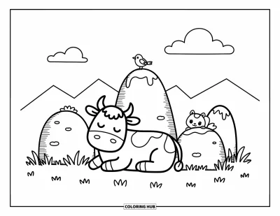 Desenho de vaca das Terras Altas para colorir para adultos: Uma vaca tranquila descansa perto de círculos de pedra enquanto um passarinho e um esquilo trazem charme à cena