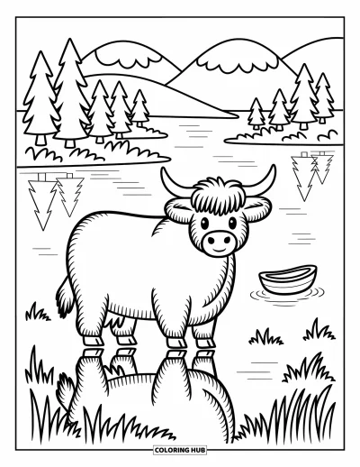 Desenho de vaca das Terras Altas para colorir para adultos: Uma vaca tranquila se reflete na água de um lago perto de um barco e pinheiros acolhedores