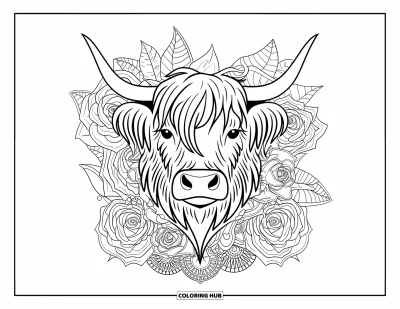 Desenho de vaca das Terras Altas para colorir para adultos: O rosto sereno de uma vaca é emoldurado por rosas, eucalipto e mandalas florais em espiral