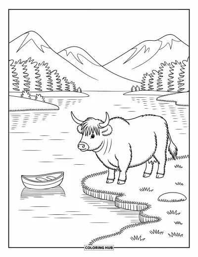 Desenho de vaca das Terras Altas para colorir para adultos: Uma vaca serena fica ao lado de um lago calmo com um barquinho e suaves colinas além