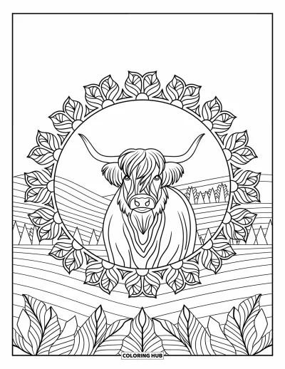 Desenho de vaca das Terras Altas para colorir para adultos: Uma vaca majestosa está no centro de uma mandala de pétalas, folhas e colinas suaves