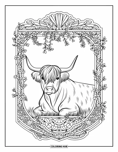 Desenho de vaca das Terras Altas para colorir para adultos: Uma vaca descansando fica dentro de uma moldura de vitral com vinhas e flores desabrochando