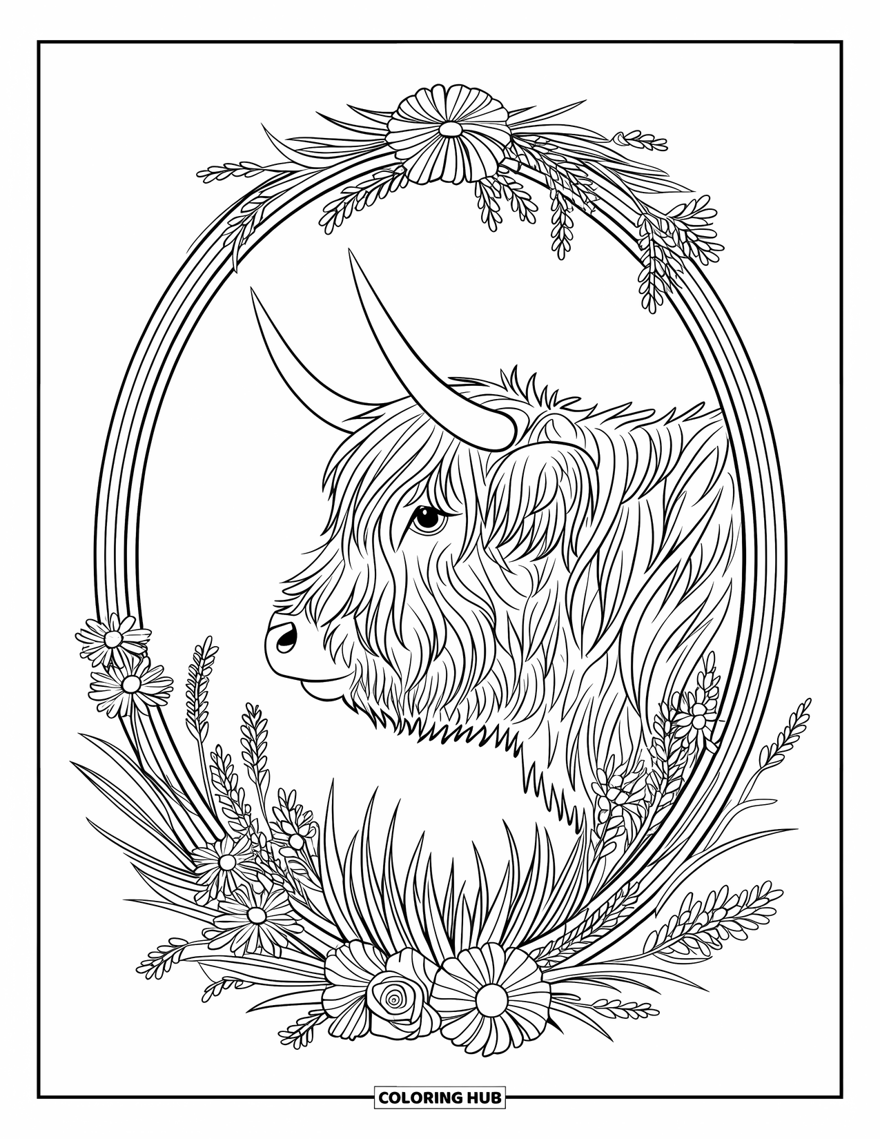 Highland Cow Coloring Page for Adults: A shaggy cow stands in profile inside a decorated floral frame