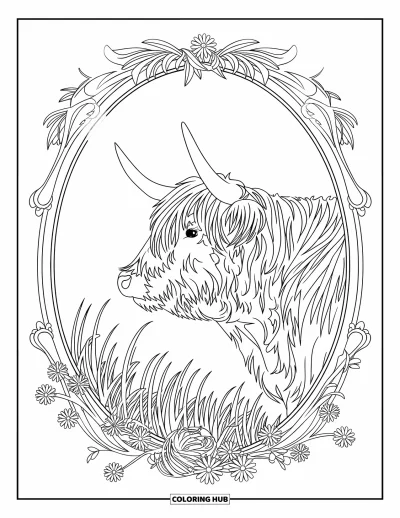 Desenho de vaca das Terras Altas para colorir para adultos: Uma vaca de perfil é emoldurada por um oval floral com contornos limpos e marcantes