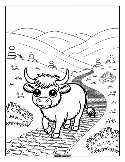 Desenho de vaca das Terras Altas para colorir para adultos: Uma vaca sorridente trota por uma trilha sinuosa entre colinas aconchegantes cheias de flores