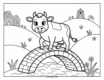 Desenho de vaca das Terras Altas para colorir para adultos: Uma vaca delicada atravessa uma ponte de pedra enquanto peixes saltam e flores desabrocham ao redor
