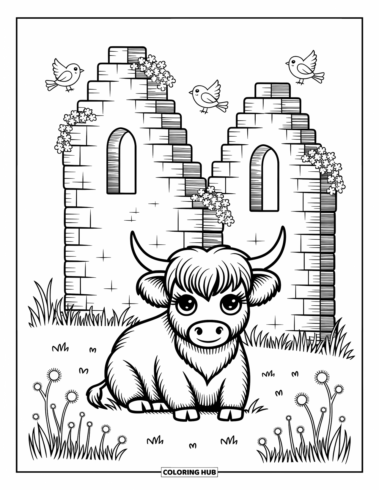 Highland Cow Coloring Page for Adults: A sweet cow relaxes by a crumbled castle with playful birds and wild thistles