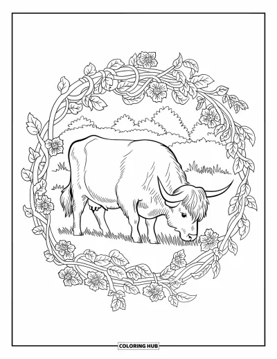 Desenho de vaca das Terras Altas para colorir para adultos: Uma vaca de pelagem grossa fica em um círculo de vinhas sobre um prado de folhas floridas