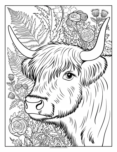 Desenho de vaca das Terras Altas para colorir para adultos: O rosto de uma vaca lanuda é emoldurado por rosas, samambaias e flores de cardo espinhosas