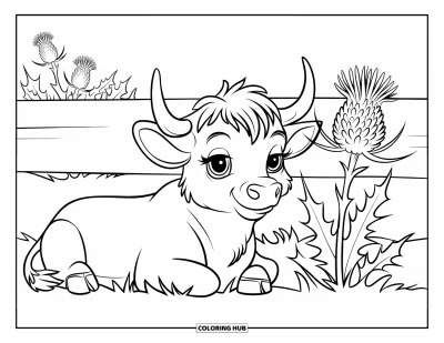 Desenho de vaca das Terras Altas para colorir para crianças: Um bezerrinho descansa perto de uma cerca e um cardo alto das Terras Altas em um campo ensolarado