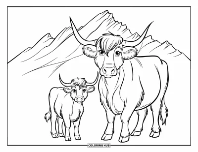 Desenho de vaca das Terras Altas para colorir para crianças: Uma vaca bege e seu bezerrinho branco ficam diante de uma cadeia de montanhas