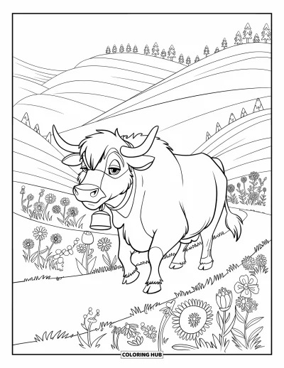 Desenho de vaca das Terras Altas para colorir para crianças: Uma vaca com sino caminha por colinas em camadas cheias de flores gigantes e árvores