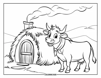 Desenho de vaca das Terras Altas para colorir para crianças: Uma vaca animada com um cachecol vermelho fica perto de uma cabana com telhado de palha e colinas