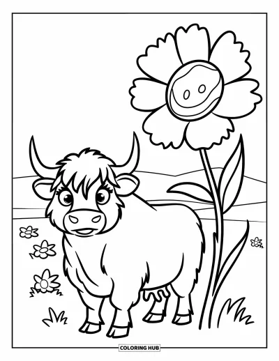 Desenho de vaca das Terras Altas para colorir para crianças: Uma vaca alegre fica perto de uma flor em um campo com contornos largos e fáceis de colorir