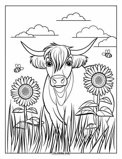 Desenho de vaca das Terras Altas para colorir para crianças: Uma vaca espia entre girassóis e grama sob um céu com nuvens fofas
