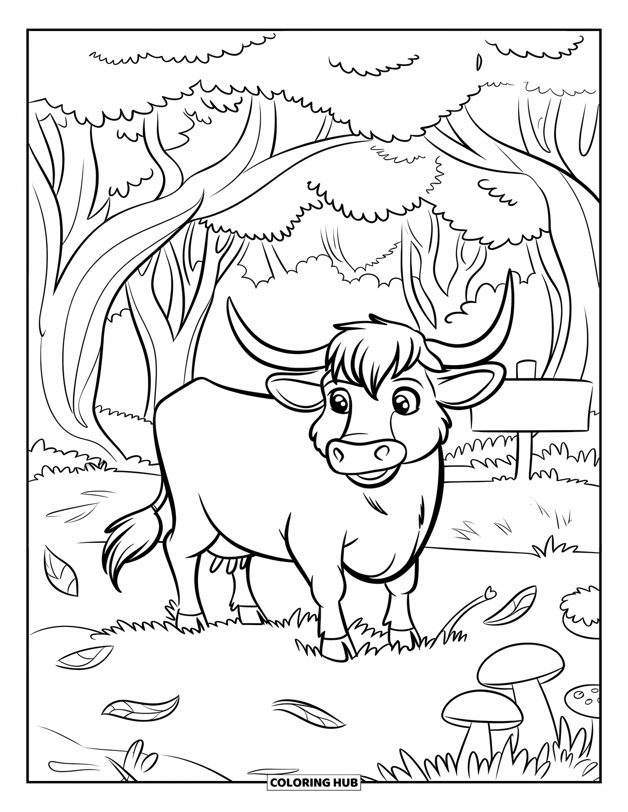 Highland Cow Coloring Page for Kids: A cow stands in the grass under a leafy tree, surrounded by forest and mushrooms