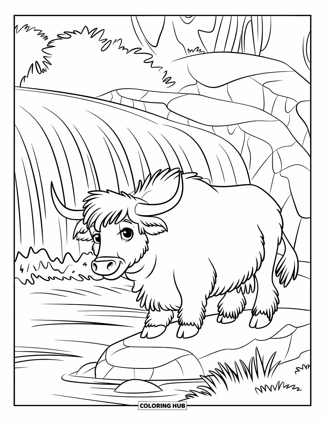 Highland Cow Coloring Page for Kids: A cow stands on a rock by a waterfall in a green forest