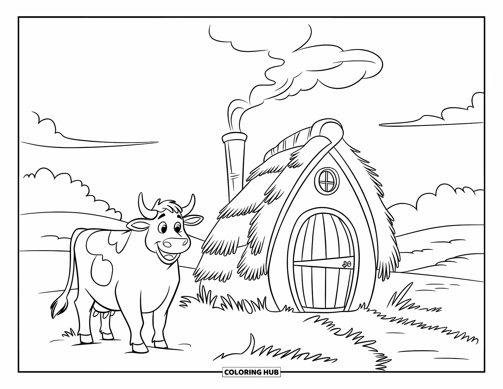 Highland Cow Coloring Page for Kids: A cow stands on grass near a stone hut with smoke curling from the chimney